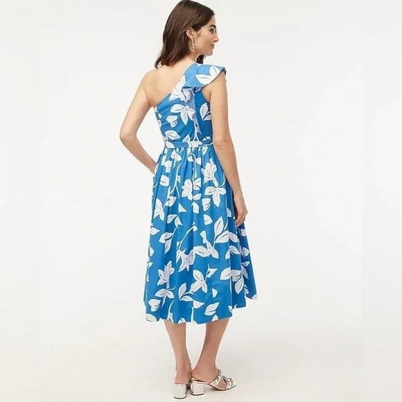 NWT J Crew Floral Ruffle One Shoulder Midi Dress Tie Elastic Waist 14 Blue White - Picture 5 of 15